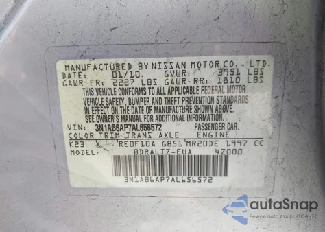 2010 Nissan Sentra 2.0Sr z USA, uszkodzony, nr VIN 3N1AB6AP7AL656572